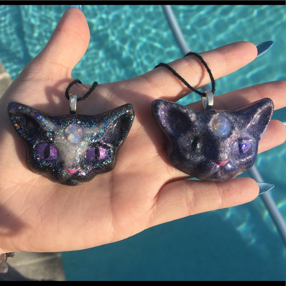 cosmic cat pendant - crystals & resin